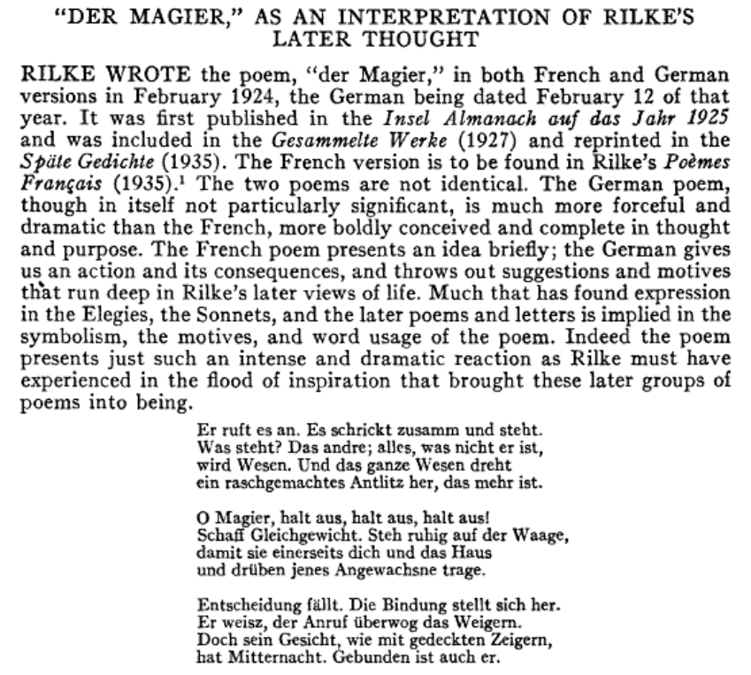 F. B. Wahr sur le poème "der Magier" de Rilke et sa version française datée de février 1924.