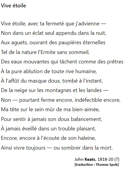 traduction en français de Bright Star de Keats